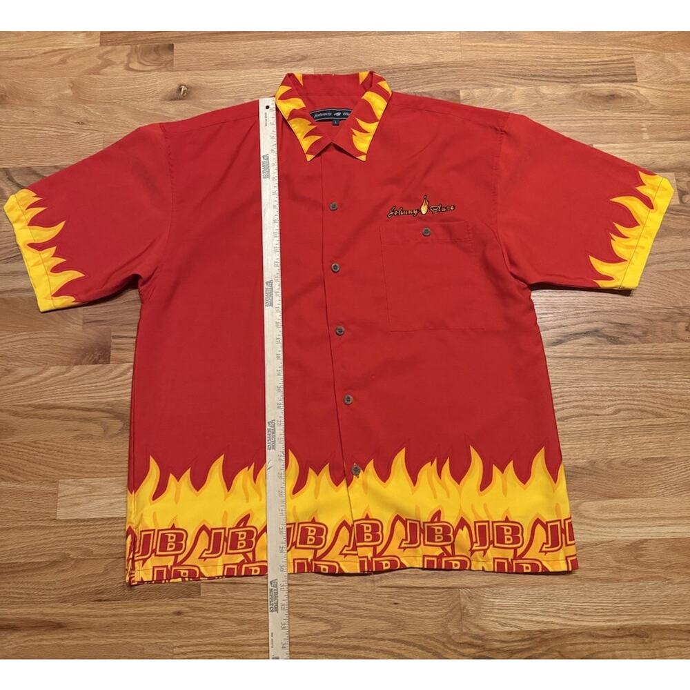 VTG Johnny Blaze Y2K Fire AOP Button-Up Shirt Mens Size Large Red Short Sleeve - Picture 7 of 11